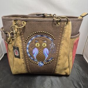 Brown and Tan Owl Embroidered Shoulder Bag New With Tags Conceal Carry.